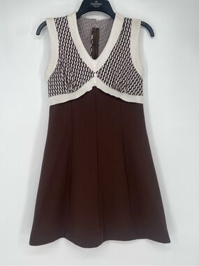 1960s Brown & White Patterned Sleeveless Mod A-line Skirt Mini Dress Ribbed Trim